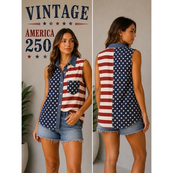 Quizz Again Tops - L 107- Vintage Quizz Again Jeans USA Flag Sleeveless Button Front Patriotic Top
